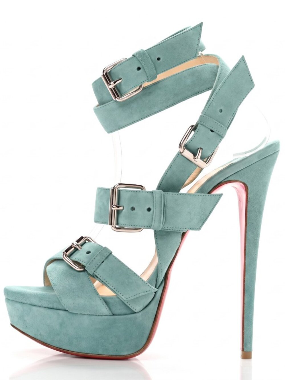 NEW Christian Louboutin Toutenkaboucle 150 Jade Suede Strappy Sandals 38.5